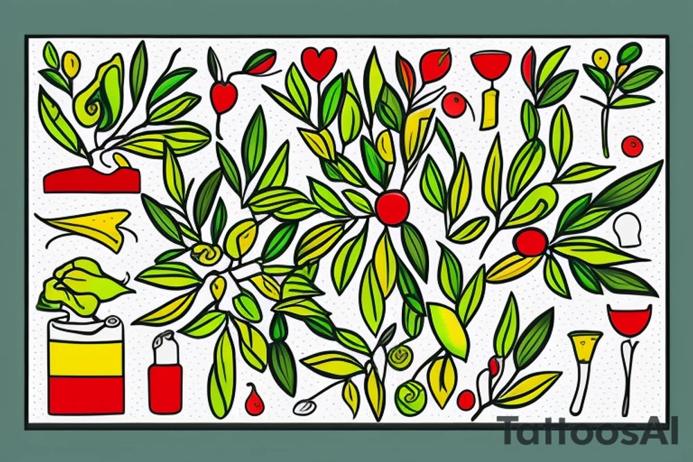 3 people's under olive tree with colors of green yellow red tattoo idea