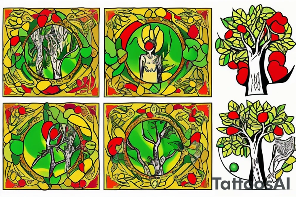3 people's under olive tree with colors of green yellow red tattoo idea