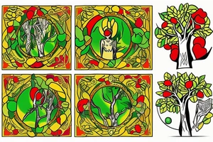 3 people's under olive tree with colors of green yellow red tattoo idea