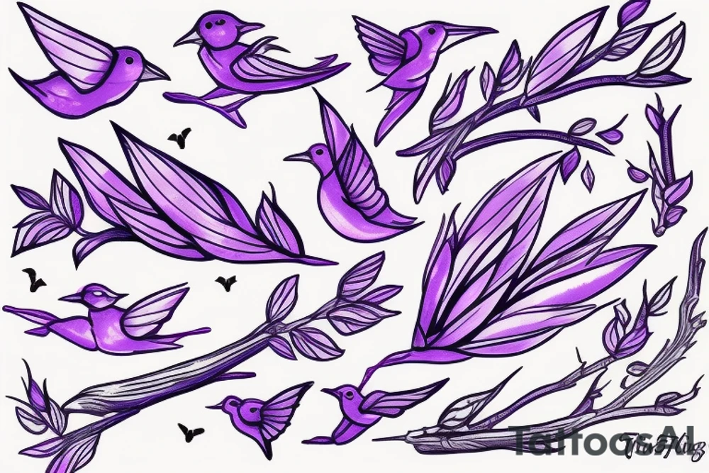 Lavender twig with flying birds around tattoo idea