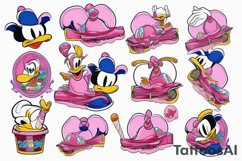 Donald Duck riding a pink elephant while eating ice cream tattoo idea