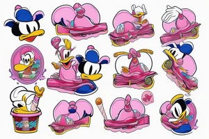 Donald Duck riding a pink elephant while eating ice cream tattoo idea