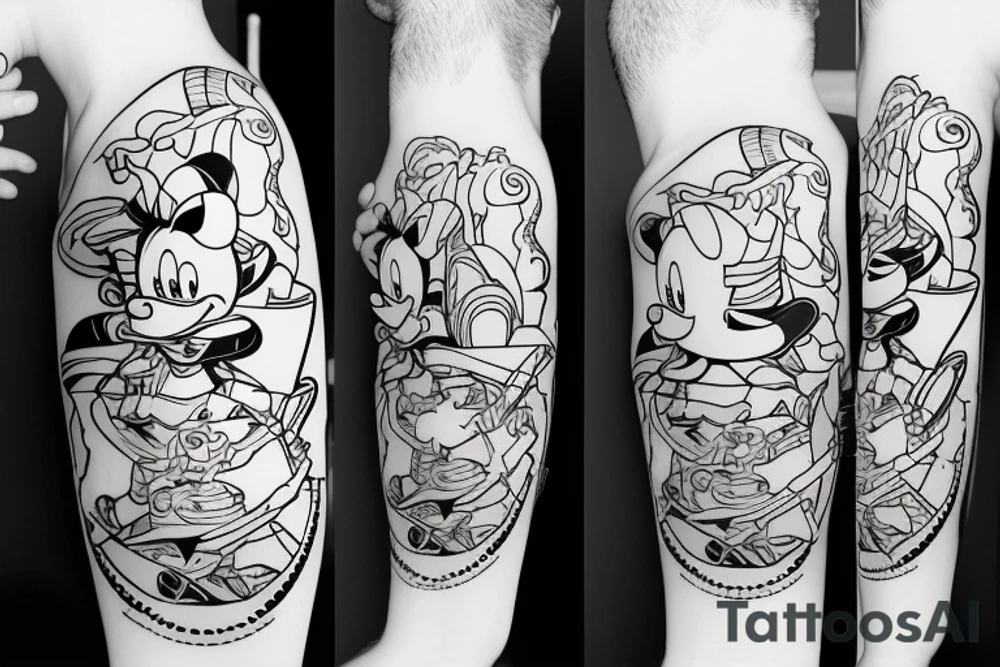 Donald Duck riding a pink elephant while eating ice cream tattoo idea