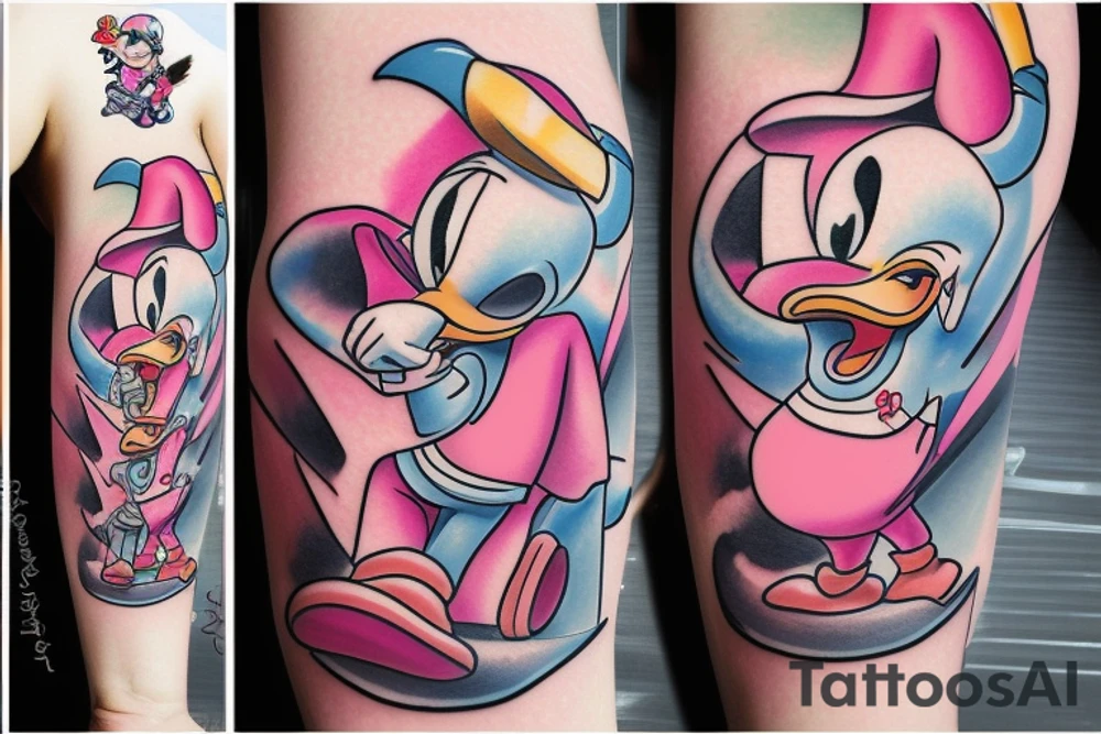 Donald Duck riding a pink elephant while eating ice cream tattoo idea