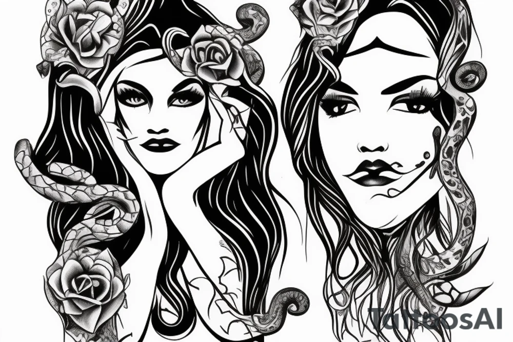A Woman face with empty eyes, snake cross the face and aries sign tattoo idea