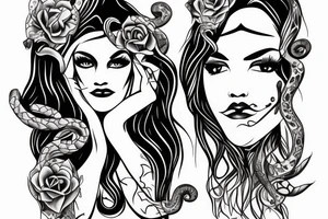 A Woman face with empty eyes, snake cross the face and aries sign tattoo idea