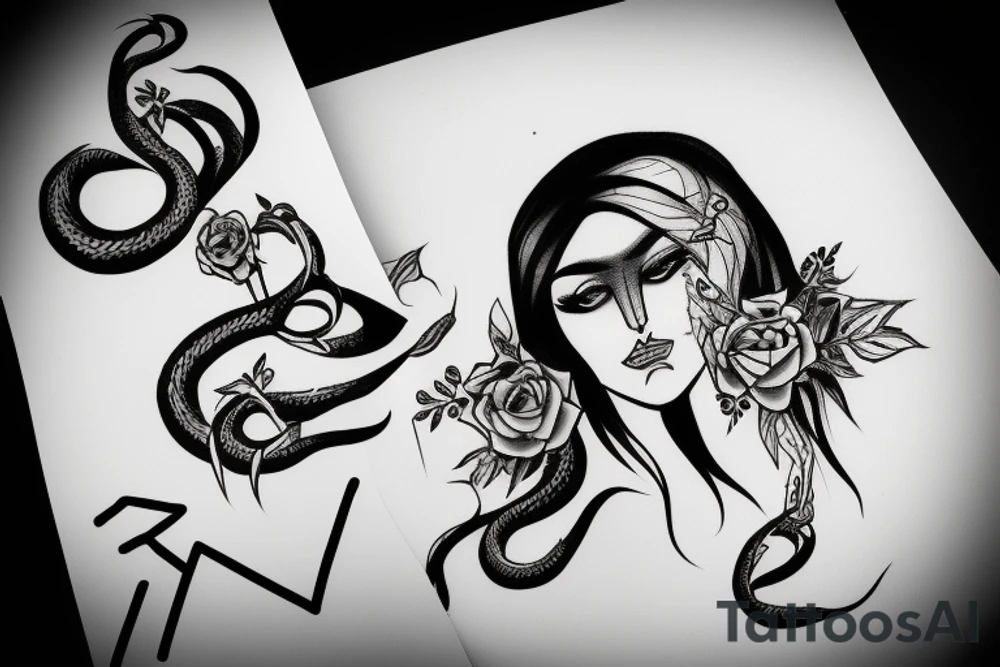 A Woman face with empty eyes, snake cross the face and aries sign tattoo idea