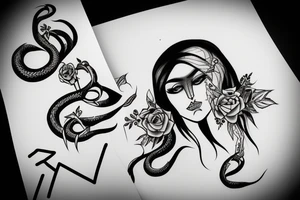 A Woman face with empty eyes, snake cross the face and aries sign tattoo idea