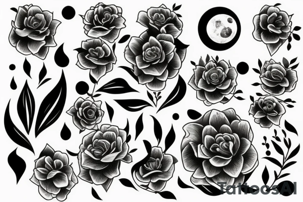 Black and white graphic design, moon and 2 flowers tattoo idea Black and white graphic design, moon and 2 flowers tattoo idea