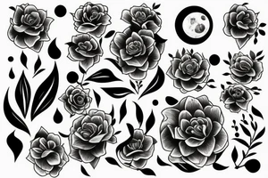 Black and white graphic design, moon and  2 flowers tattoo idea