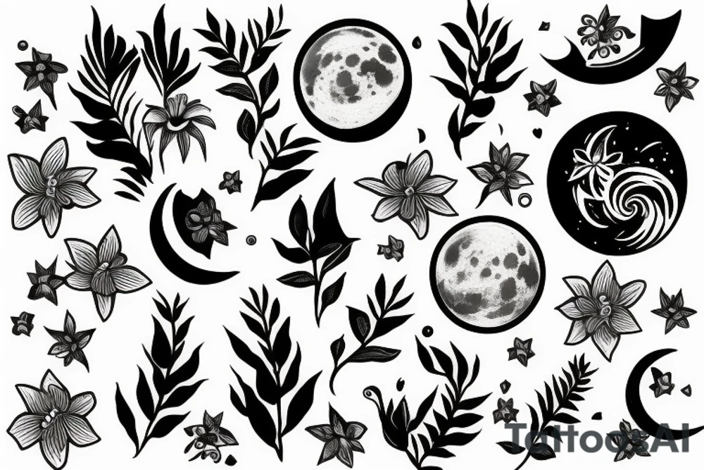 Black and white graphic design, moon and 2 flowers tattoo idea