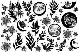 Black and white graphic design, moon and  2 flowers tattoo idea