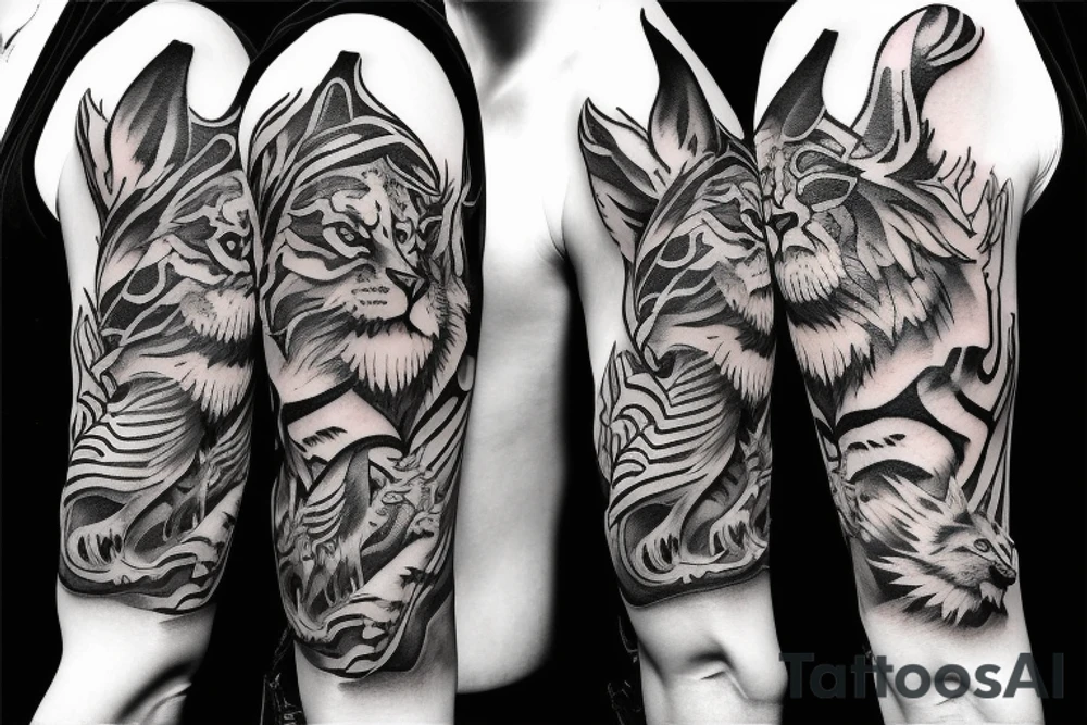 Tiger, Lion, Wolf and dragon sleeve tattoo idea