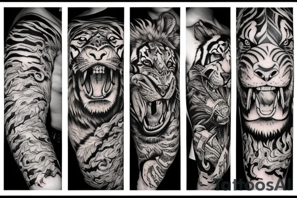 A Tiger, a Lion, a Wolf and a dragon sleeve tattoo idea