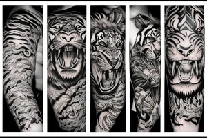 A Tiger, a Lion, a Wolf and a dragon sleeve tattoo idea