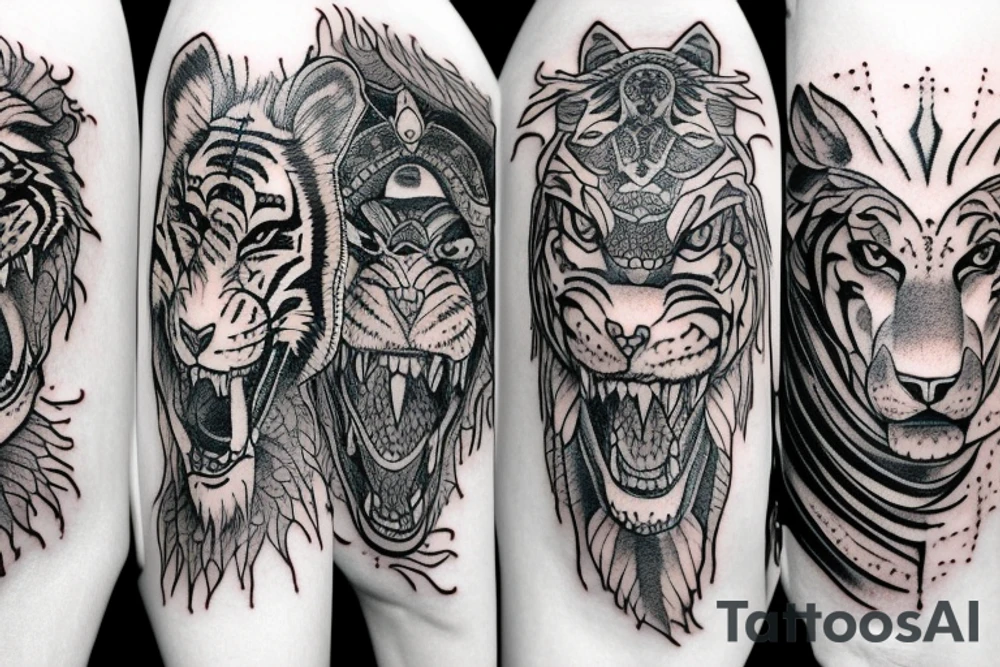 A Tiger, a Lion, a Wolf and a dragon sleeve tattoo idea