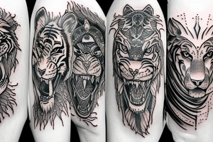 A Tiger, a Lion, a Wolf and a dragon sleeve tattoo idea
