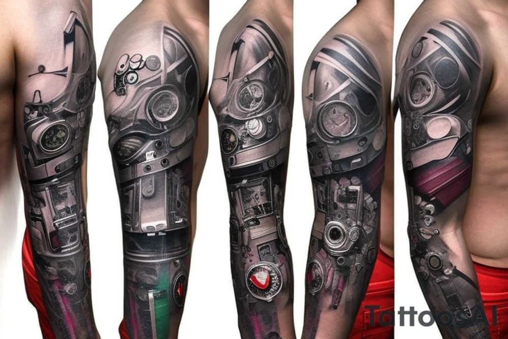 Cyberpunk style watche on sleeve tattoo idea