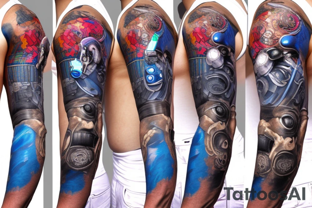Cyberpunk with blue shell watche on sleeve tattoo idea