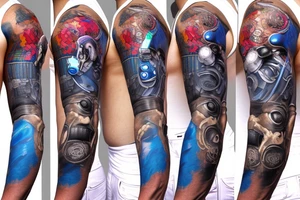 Cyberpunk with blue shell watche on sleeve tattoo idea