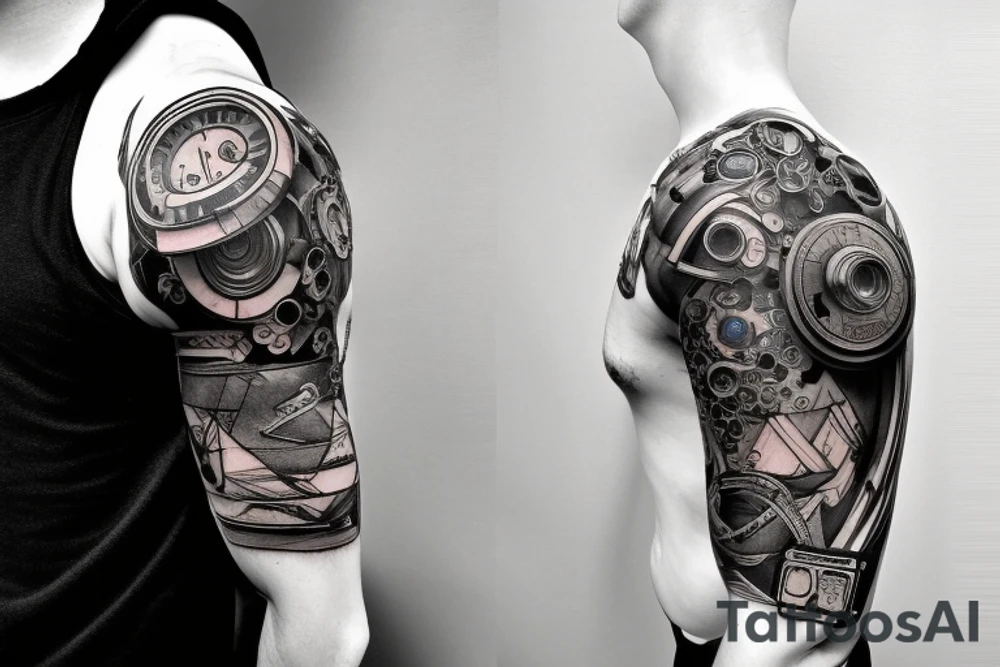 Cyberpunk with blue shell watche on sleeve tattoo idea