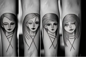 Small fine line drawing of sad woman tattoo idea