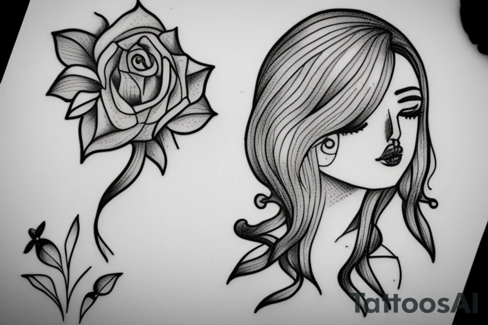 Small fine line drawing of sad woman tattoo idea