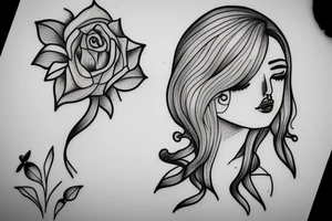 Small fine line drawing of sad woman tattoo idea