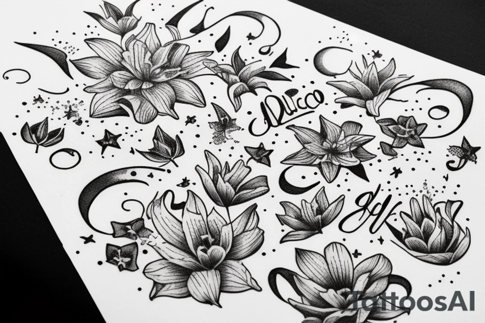 Quotation in typewriter font "non ducor, duco" surrounded by stargazing lilies tattoo idea