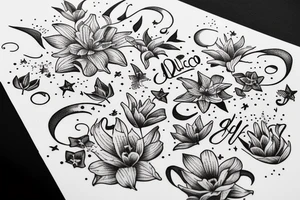 Quotation in typewriter font "non ducor, duco" surrounded by stargazing lilies tattoo idea