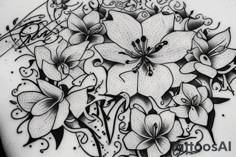 Quotation in typewriter font "non ducor, duco" surrounded by stargazing lilies tattoo idea