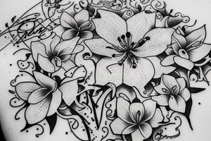 Quotation in typewriter font "non ducor, duco" surrounded by stargazing lilies tattoo idea