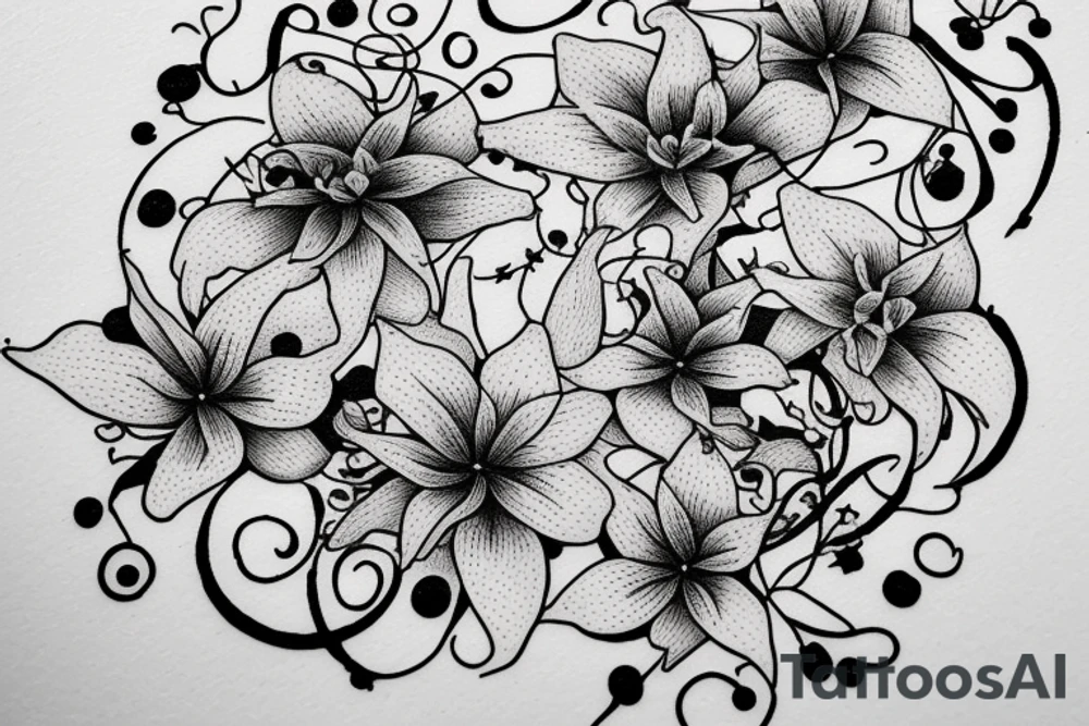 Quotation in typewriter font "non ducor, duco" surrounded by stargazing lilies tattoo idea