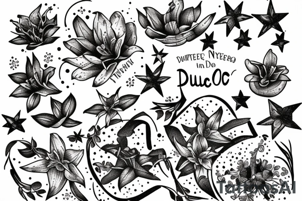 Quotation in typewriter font "non ducor, duco" surrounded by stargazing lilies tattoo idea