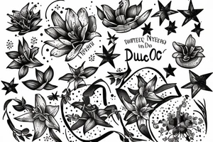 Quotation in typewriter font "non ducor, duco" surrounded by stargazing lilies tattoo idea
