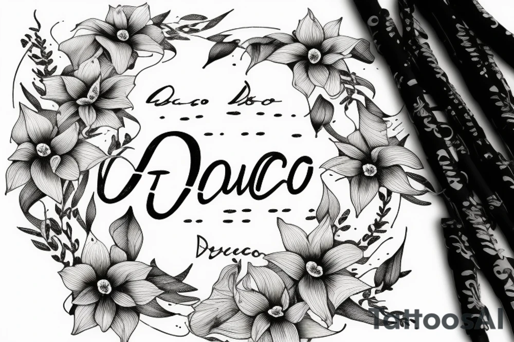 Quotation in typewriter font "non ducor, duco" surrounded by stargazing lilies tattoo idea