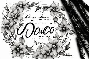 Quotation in typewriter font "non ducor, duco" surrounded by stargazing lilies tattoo idea