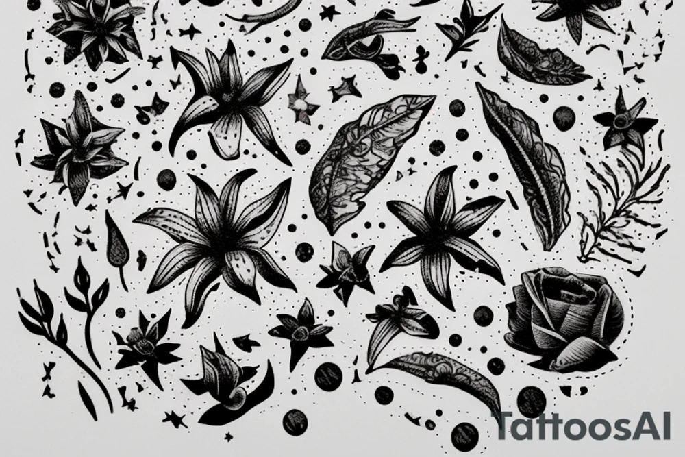 Quotation in typewriter font "non ducor, duco" surrounded by stargazing lilies tattoo idea