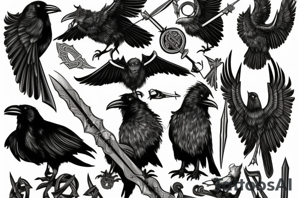 2 ravens with Odin's spear between them. Norse mythology. tattoo idea 2 ravens with Odin's spear between them. Norse mythology. tattoo idea