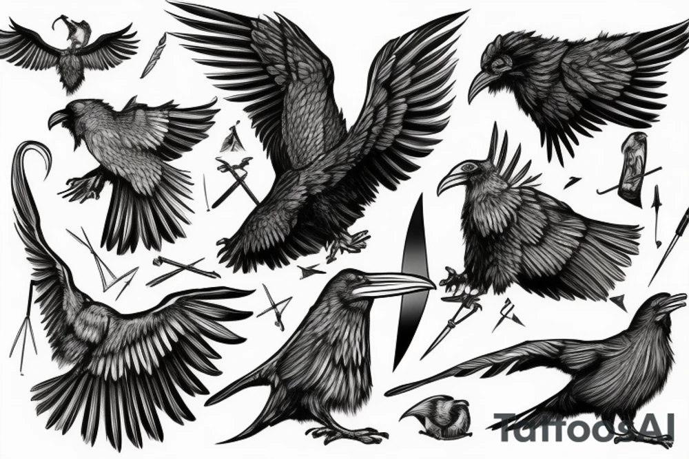 2 ravens with Odin's spear between them. Norse mythology. tattoo idea 2 ravens with Odin's spear between them. Norse mythology. tattoo idea