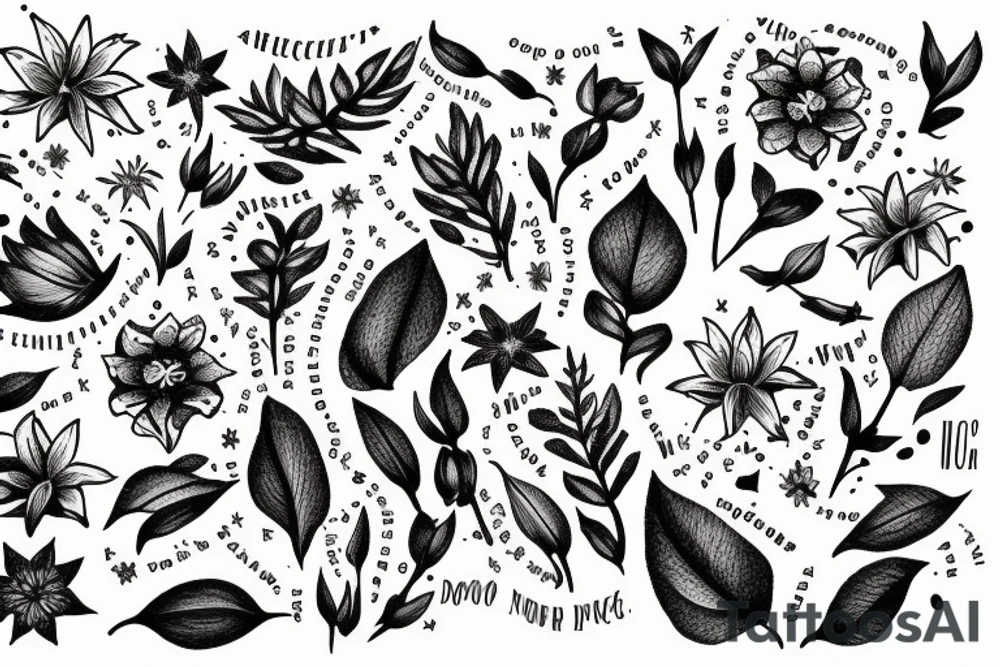 Quotation in typewriter font "non ducor, duco" surrounded by stargazing lilies tattoo idea