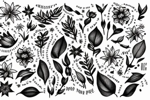 Quotation in typewriter font "non ducor, duco" surrounded by stargazing lilies tattoo idea