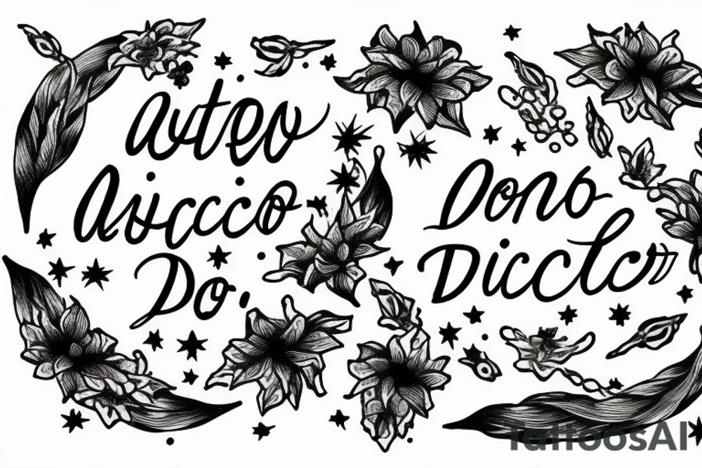Quotation in typewriter font "non ducor, duco" surrounded by stargazing lilies tattoo idea