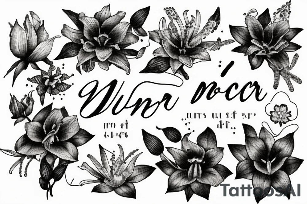 Quotation in typewriter font "non ducor, duco" surrounded by stargazing lilies tattoo idea