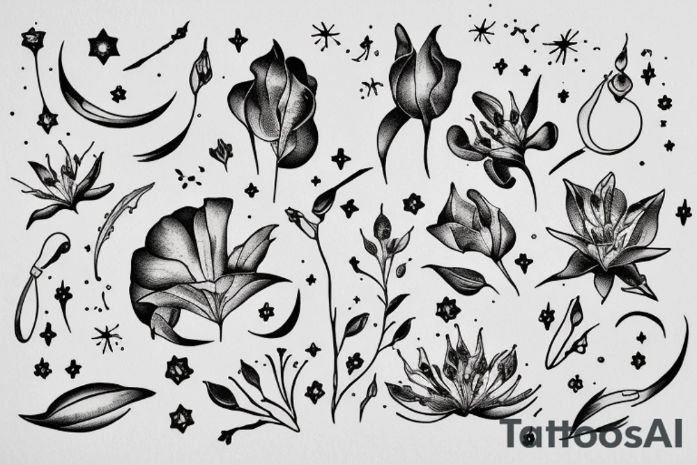 Quotation in typewriter font "non ducor, duco" surrounded by stargazing lilies tattoo idea