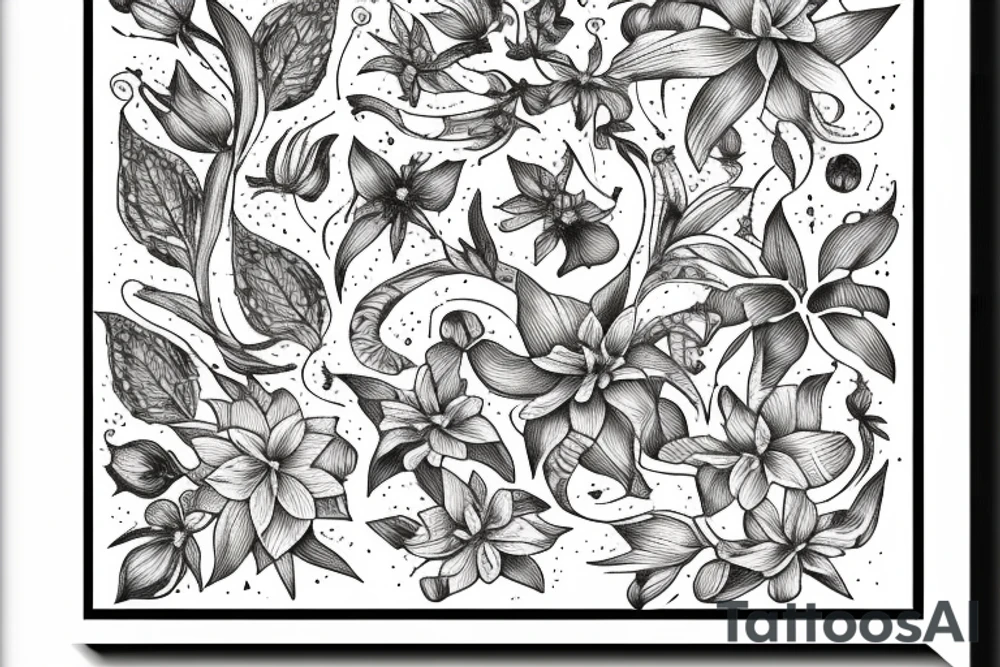 Quotation in typewriter font "non ducor, duco" surrounded by stargazing lilies tattoo idea