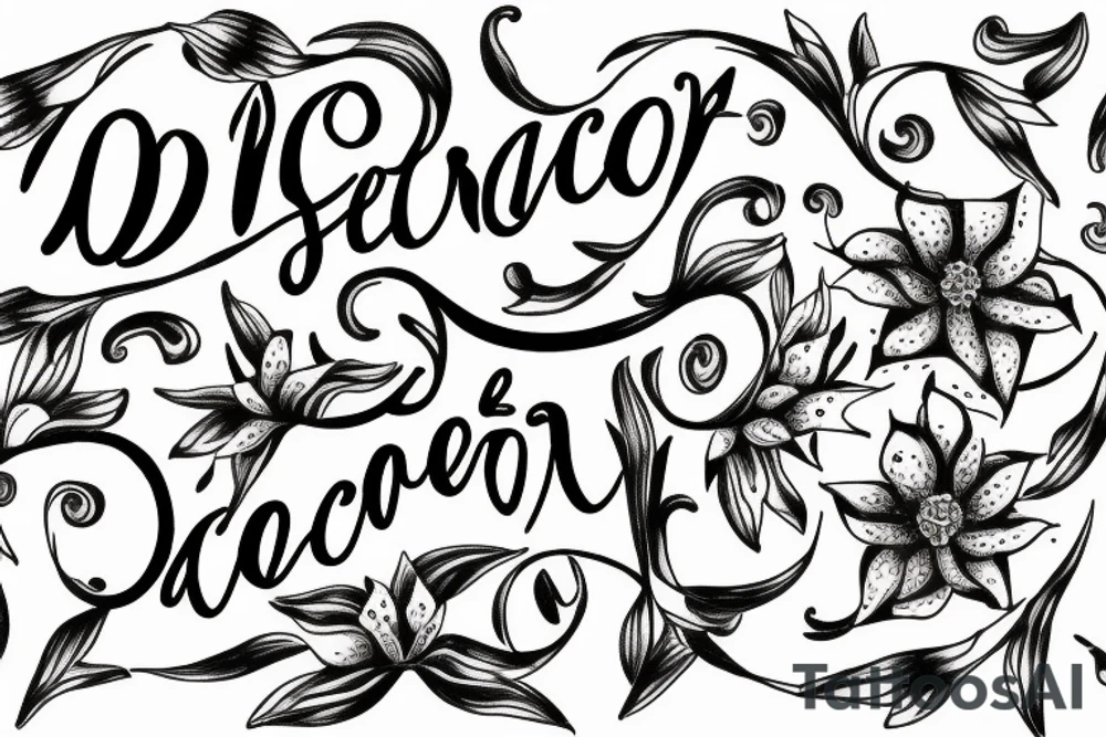 Quotation in typewriter font "non ducor, duco" surrounded by stargazing lilies tattoo idea