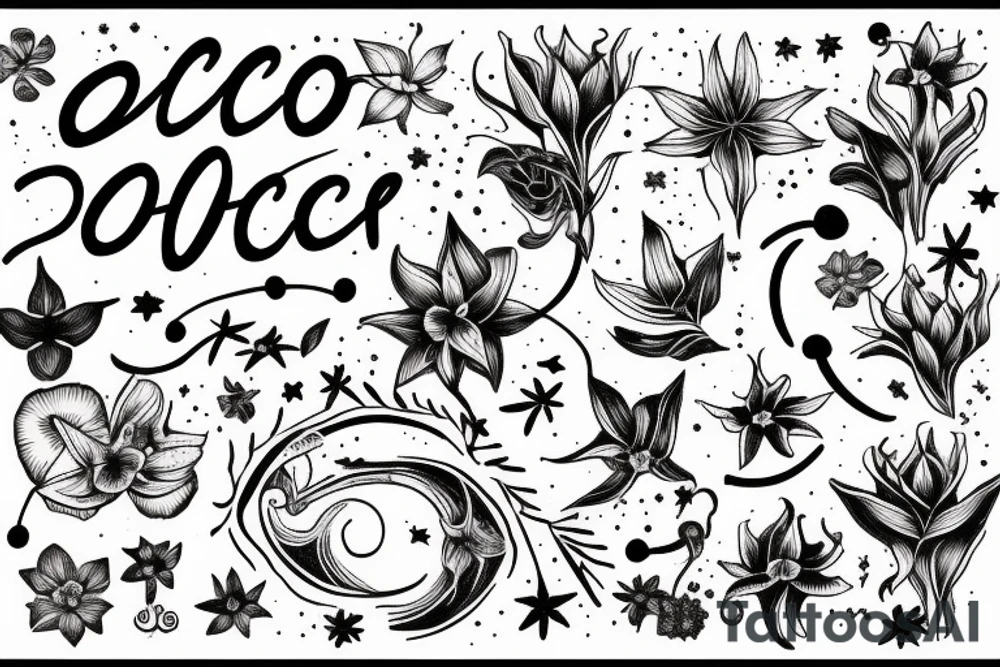 Quotation in typewriter font "non ducor, duco" surrounded by stargazing lilies tattoo idea