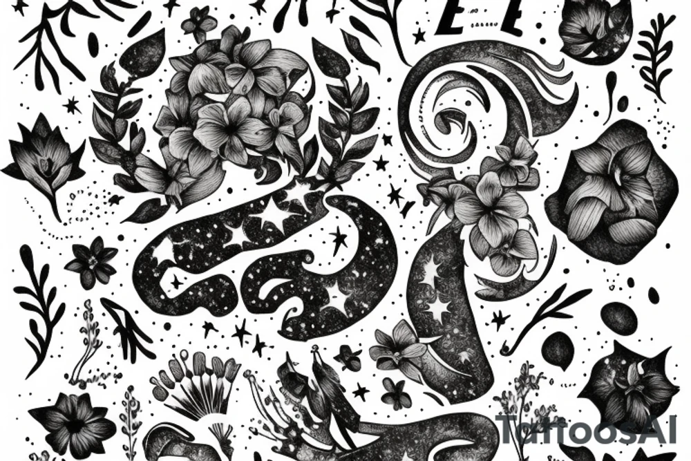 Quotation in typewriter font "non ducor, duco" surrounded by stargazing lilies tattoo idea