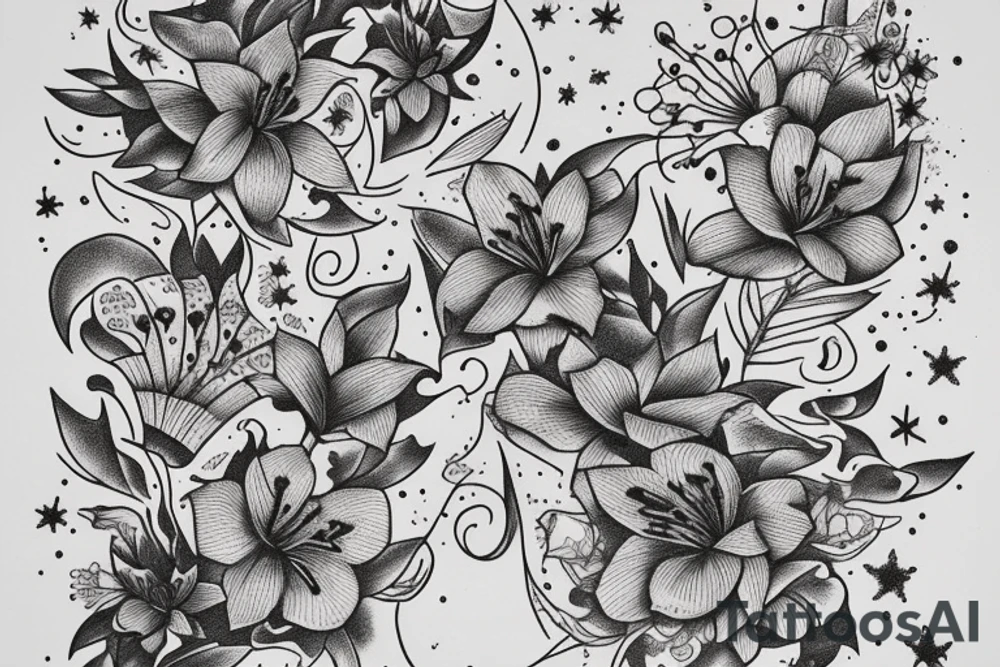 Quotation in typewriter font "non ducor, duco" surrounded by stargazing lilies tattoo idea
